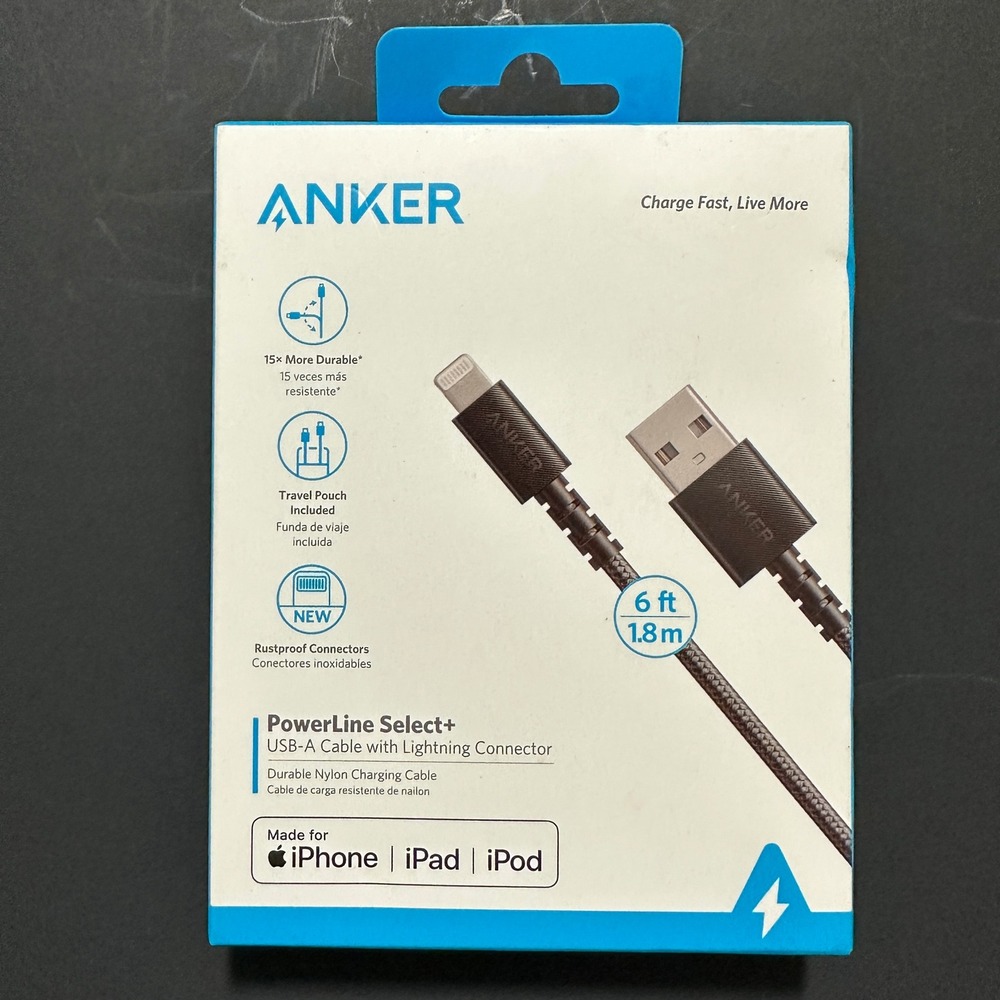 Anker PowerLine Select+ USB-A to Lightning Cable 6ft Braided Nylon Black 1.8m